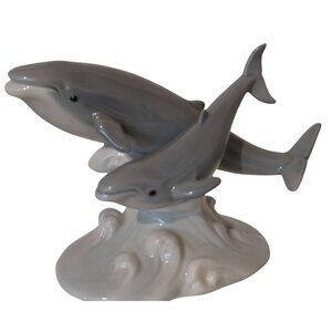 Hand Painted Otagiri Japan Dolphin & Whale Porcelain Figurine Gray & White Ocean